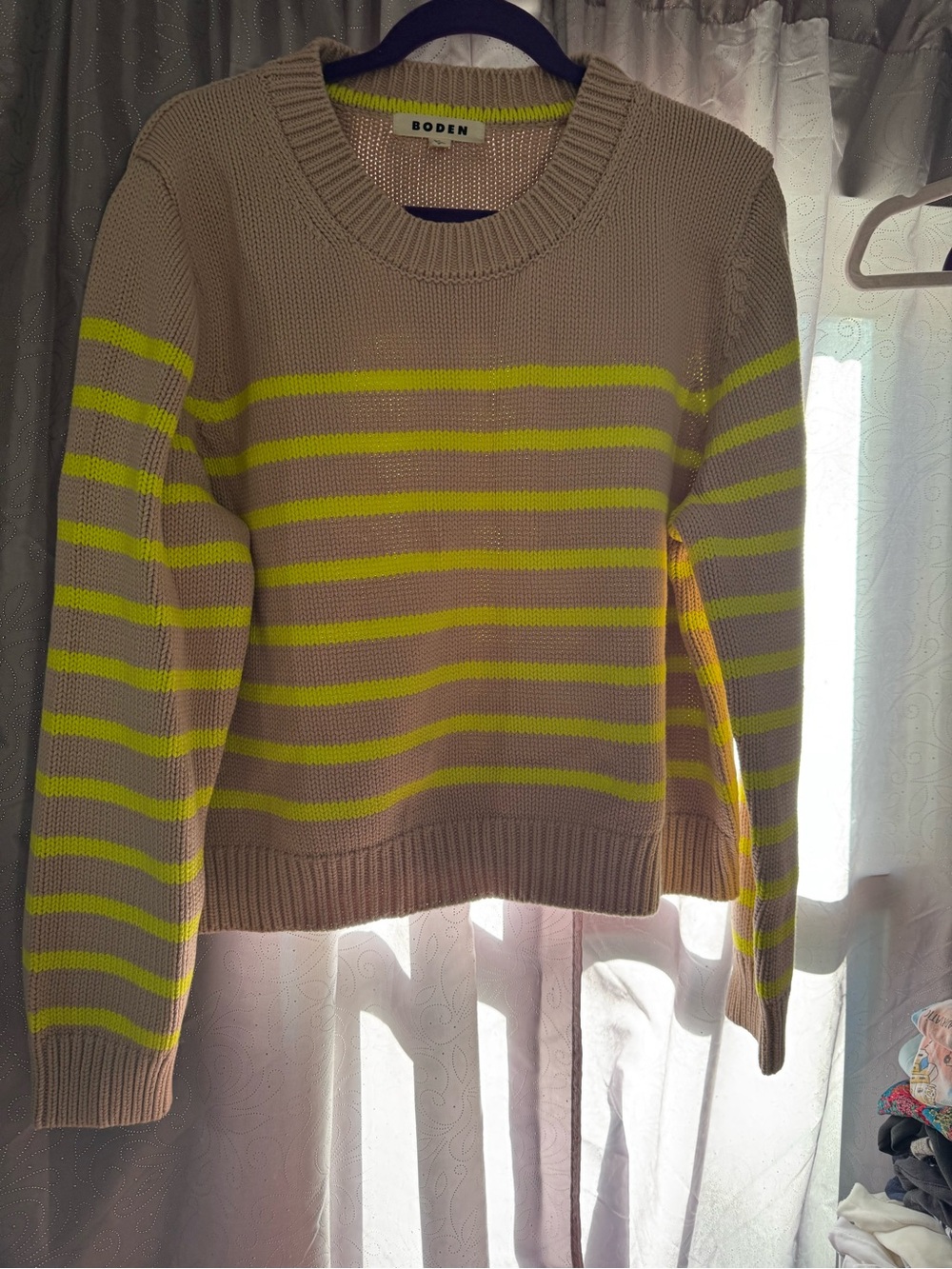 Boden Taupe Crewneck Sweater with Neon Yellow Stripes